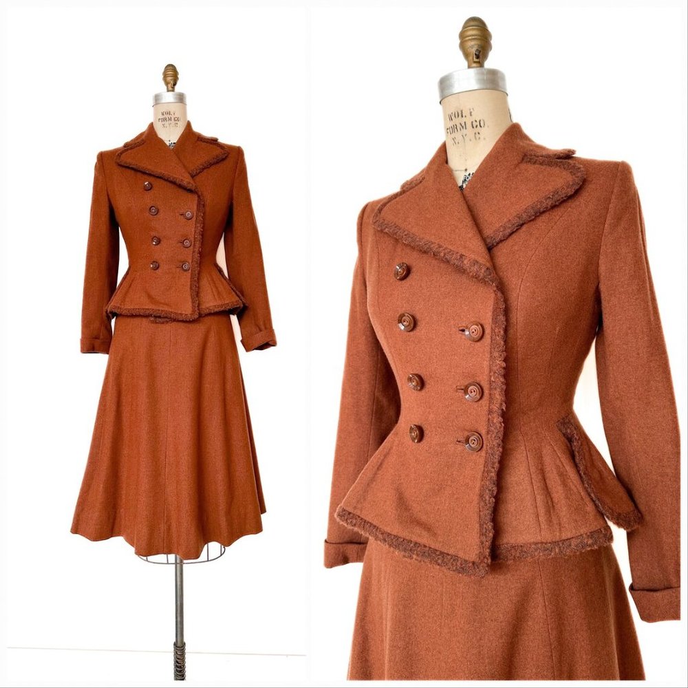 1940s Utah Woolen Mills Forstmann Wool Flannel Full Skirt Nip Waist Skirt Suit - Picture 4 of 8
